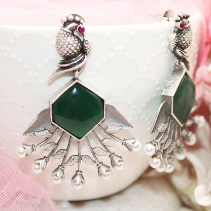 SILVER LOOK ALIKE DANGLE ROUND TOP - GREEN - EARRING