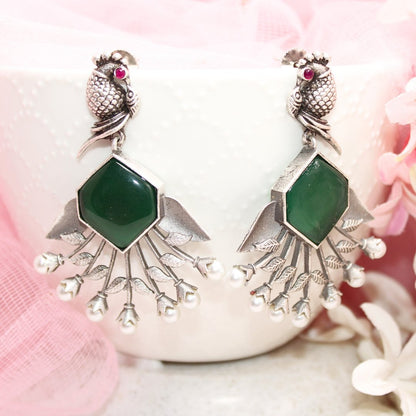 SILVER LOOK ALIKE DANGLE ROUND TOP - GREEN - EARRING