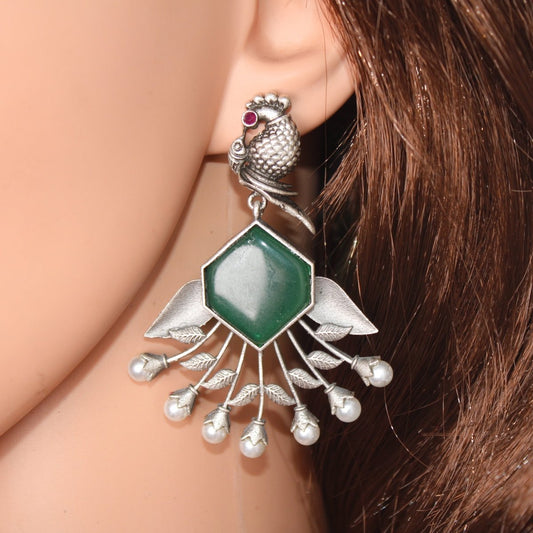 SILVER LOOK ALIKE DANGLE ROUND TOP - GREEN - EARRING