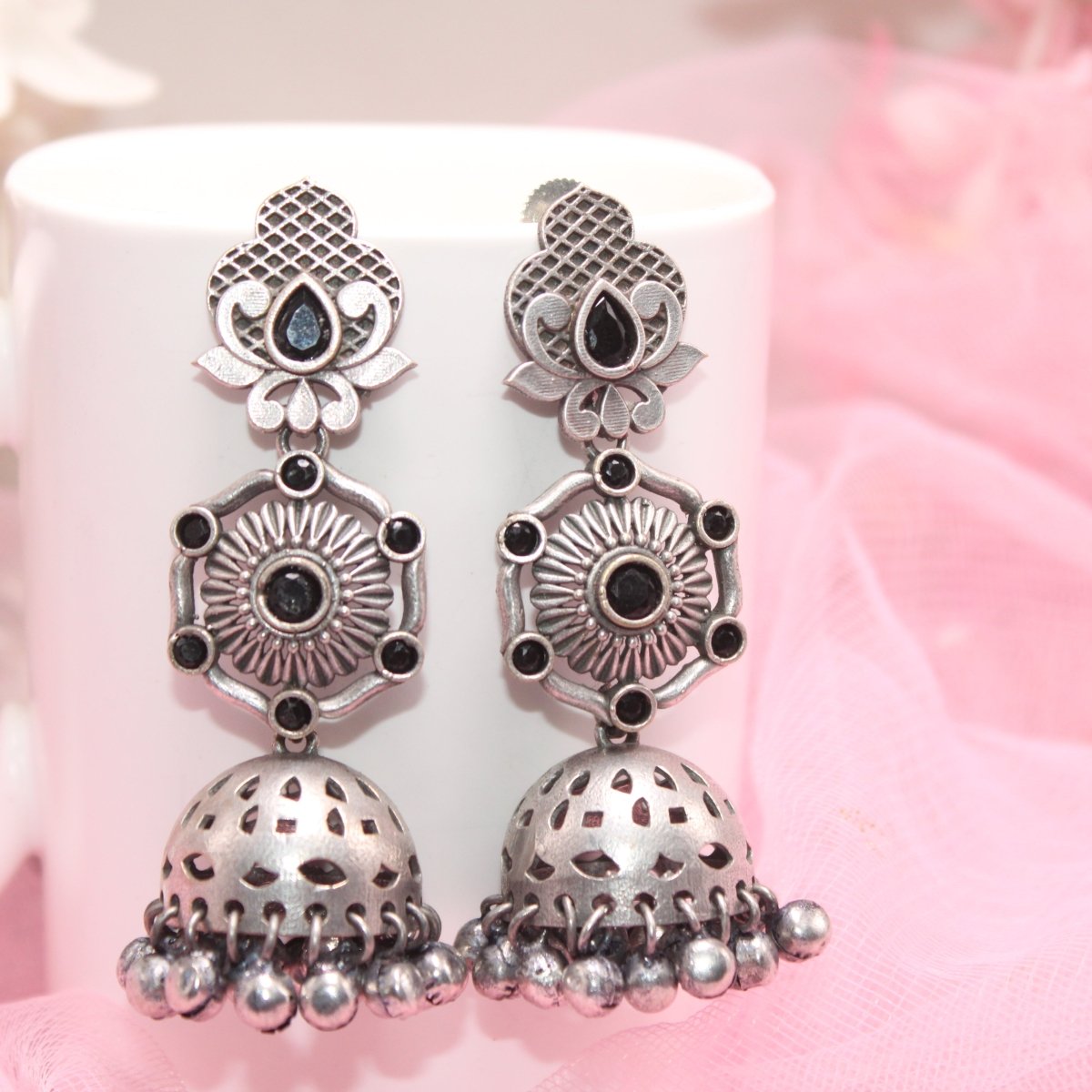 SILVER LOOK ALIKE LONG JHUMKA WITH GHUNGROO-BLACK -EARRING