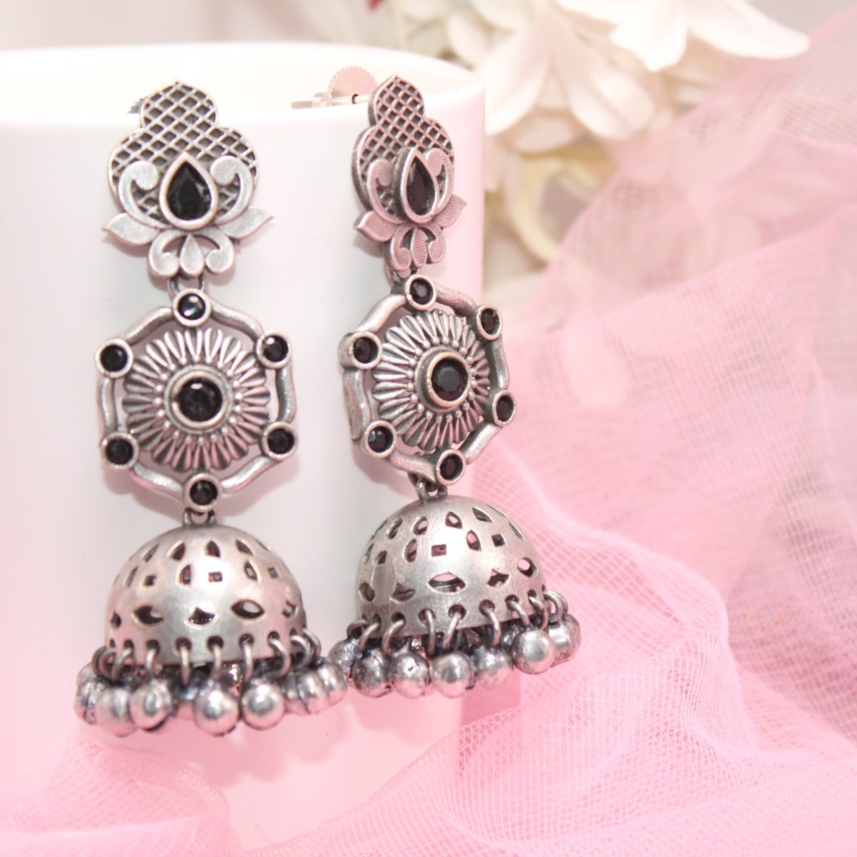 SILVER LOOK ALIKE LONG JHUMKA WITH GHUNGROO-BLACK -EARRING