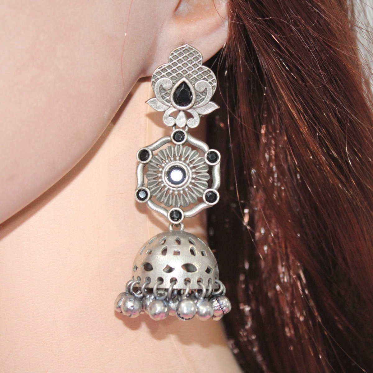 SILVER LOOK ALIKE LONG JHUMKA WITH GHUNGROO-BLACK -EARRING