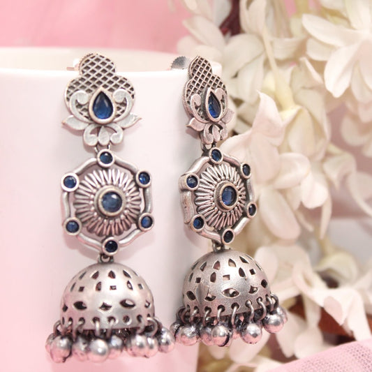 SILVER LOOK ALIKE LONG JHUMKA WITH GHUNGROO-BLUE -EARRING