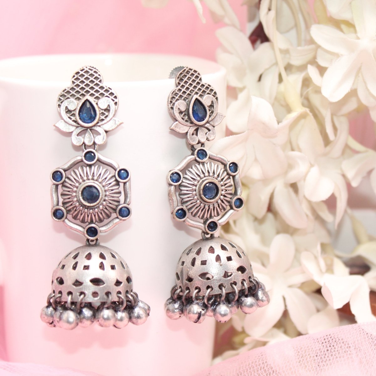 SILVER LOOK ALIKE LONG JHUMKA WITH GHUNGROO-BLUE -EARRING