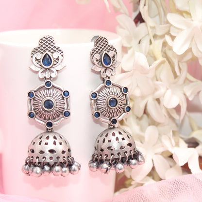 SILVER LOOK ALIKE LONG JHUMKA WITH GHUNGROO-BLUE -EARRING