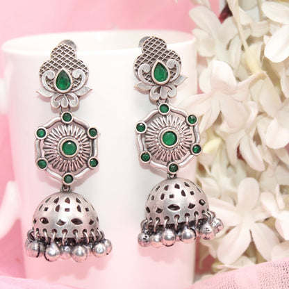 SILVER LOOK ALIKE LONG JHUMKA WITH GHUNGROO-GREEN -EARRING