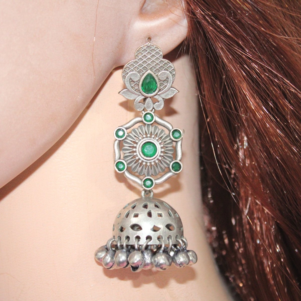 SILVER LOOK ALIKE LONG JHUMKA WITH GHUNGROO-GREEN -EARRING