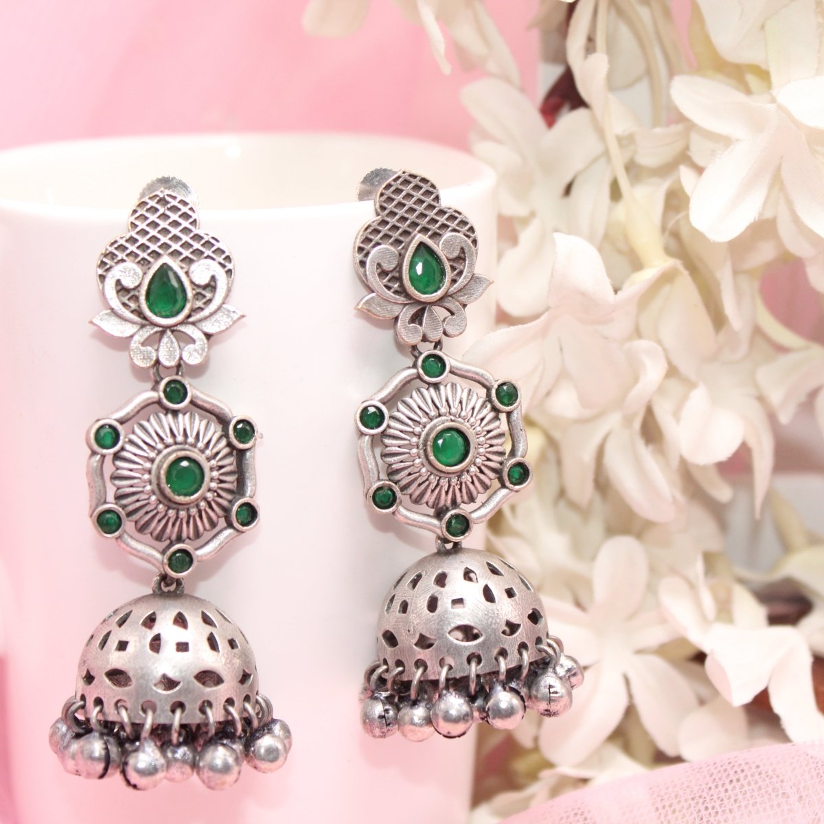 SILVER LOOK ALIKE LONG JHUMKA WITH GHUNGROO-GREEN -EARRING