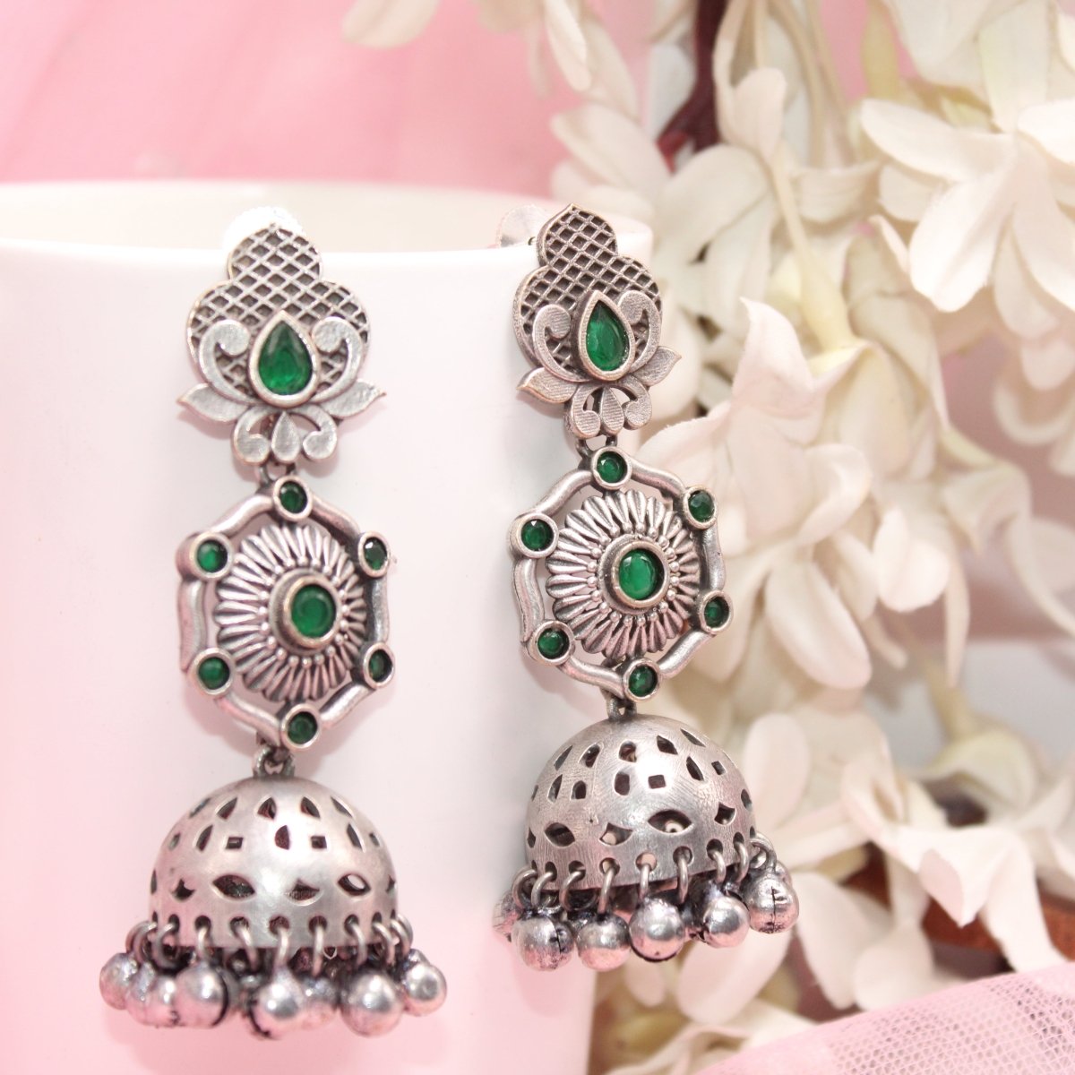 SILVER LOOK ALIKE LONG JHUMKA WITH GHUNGROO-GREEN -EARRING