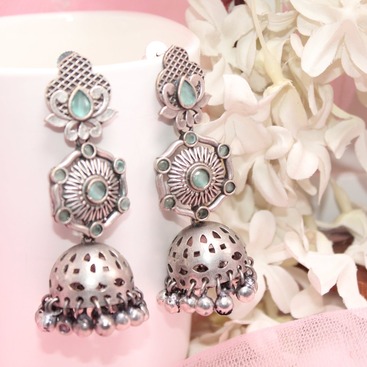 SILVER LOOK ALIKE LONG JHUMKA WITH GHUNGROO-MINT -EARRING