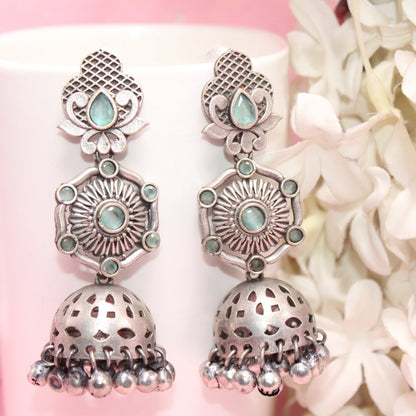 SILVER LOOK ALIKE LONG JHUMKA WITH GHUNGROO-MINT -EARRING