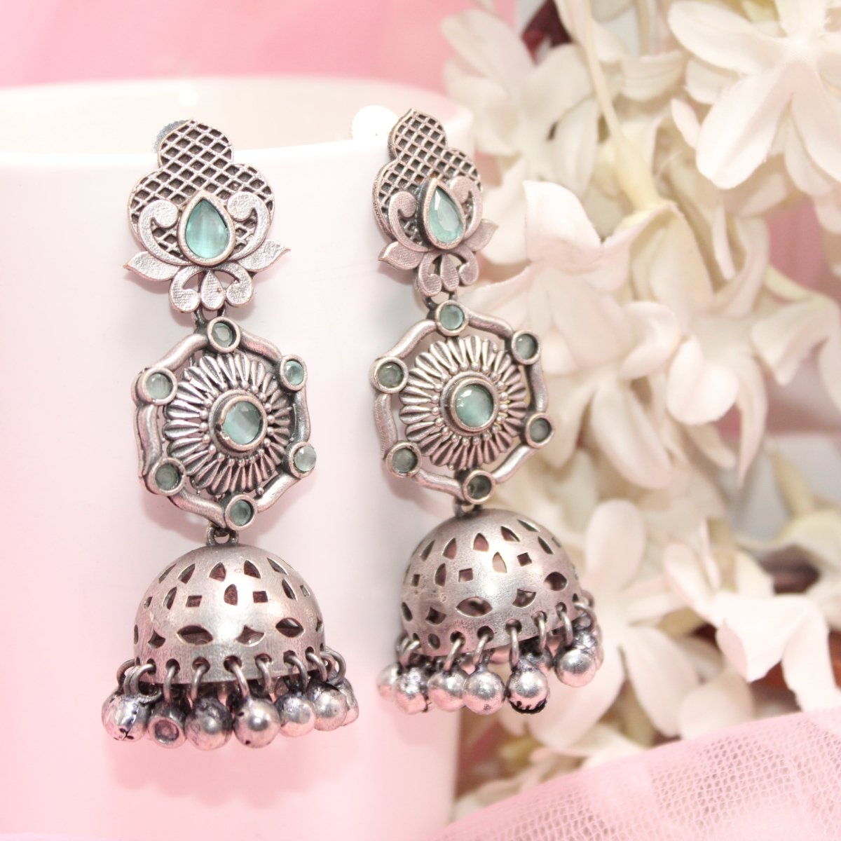 SILVER LOOK ALIKE LONG JHUMKA WITH GHUNGROO-MINT -EARRING