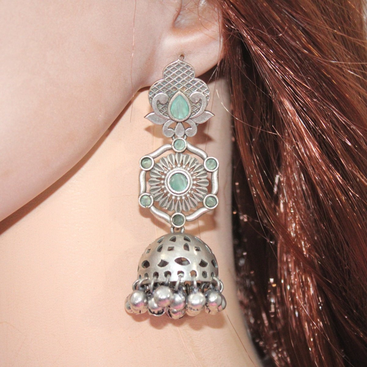 SILVER LOOK ALIKE LONG JHUMKA WITH GHUNGROO-MINT -EARRING