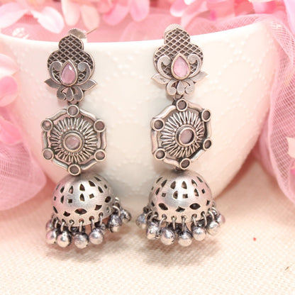 SILVER LOOK ALIKE LONG JHUMKA WITH GHUNGROO-PINK -EARRING