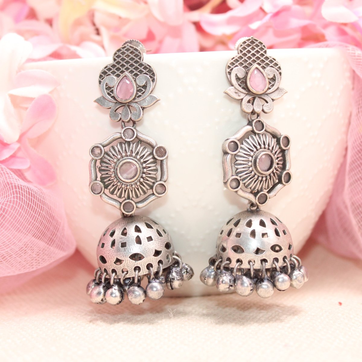 SILVER LOOK ALIKE LONG JHUMKA WITH GHUNGROO-PINK -EARRING