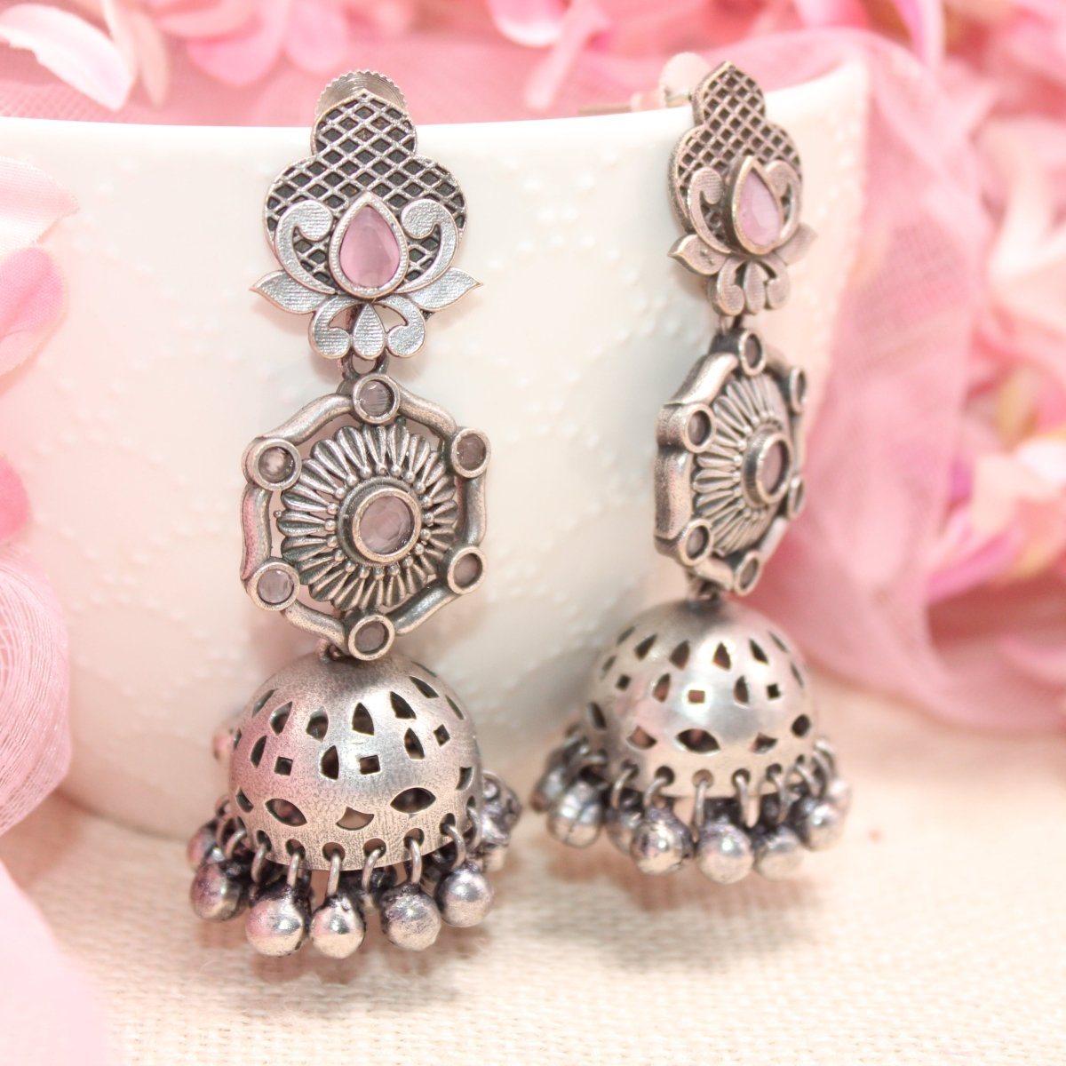 SILVER LOOK ALIKE LONG JHUMKA WITH GHUNGROO-PINK -EARRING