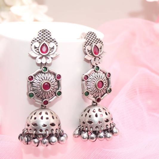 SILVER LOOK ALIKE LONG JHUMKA WITH GHUNGROO-RED&GREEN -EARRING