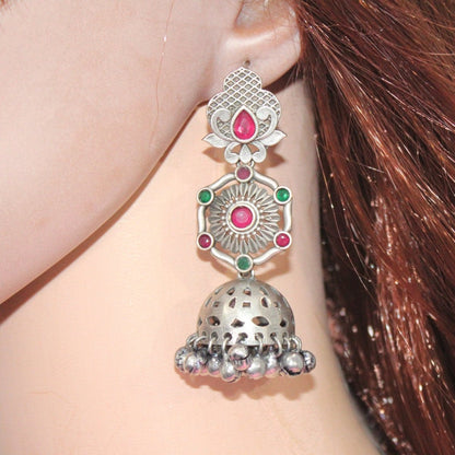 SILVER LOOK ALIKE LONG JHUMKA WITH GHUNGROO-RED&GREEN -EARRING