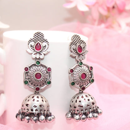 SILVER LOOK ALIKE LONG JHUMKA WITH GHUNGROO-RED&GREEN -EARRING