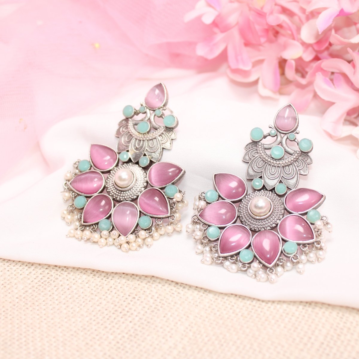 SILVER LOOK ALIKE MAYUR PANKHURI EARRING-PINK -EARRING