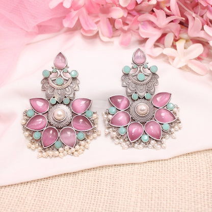 SILVER LOOK ALIKE MAYUR PANKHURI EARRING-PINK -EARRING