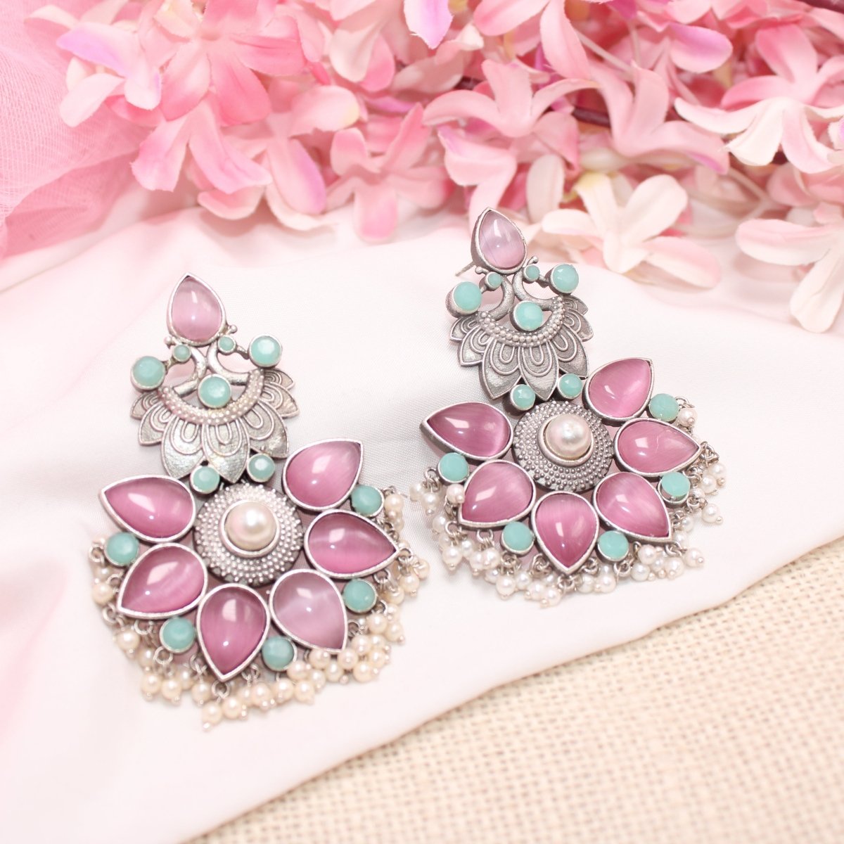 SILVER LOOK ALIKE MAYUR PANKHURI EARRING-PINK -EARRING