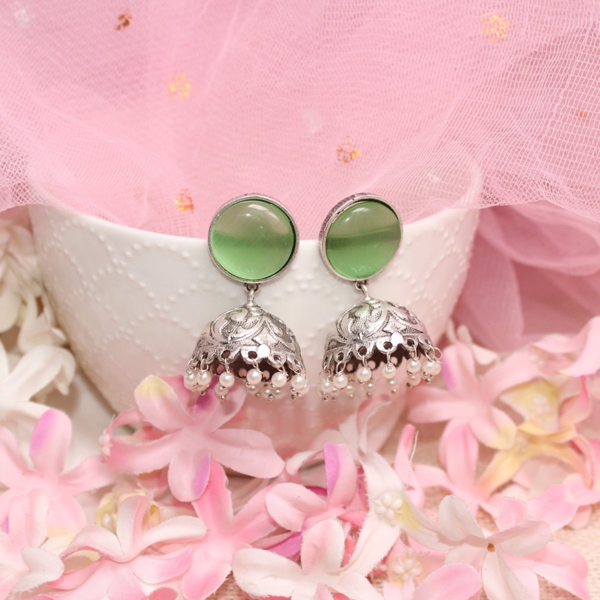 SILVER LOOK ALIKE MONALISA STONE JHUMKI-LIGHT GREEN -EARRING