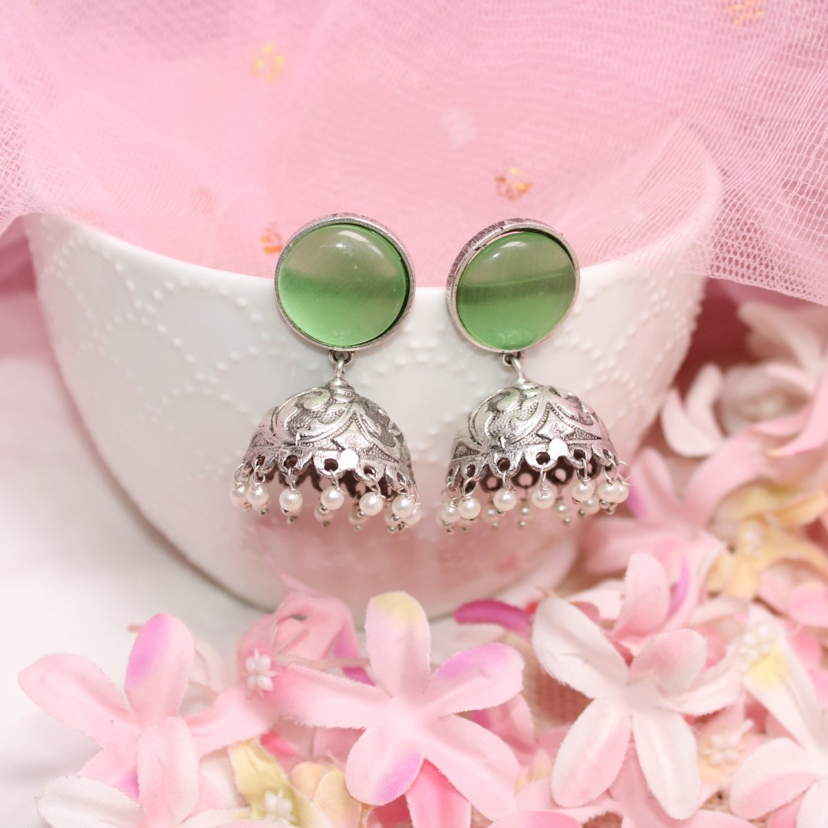 SILVER LOOK ALIKE MONALISA STONE JHUMKI-LIGHT GREEN -EARRING