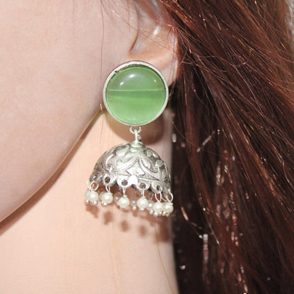 SILVER LOOK ALIKE MONALISA STONE JHUMKI-LIGHT GREEN -EARRING