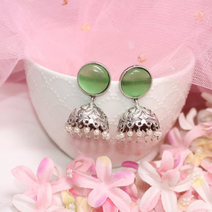 SILVER LOOK ALIKE MONALISA STONE JHUMKI-LIGHT GREEN -EARRING