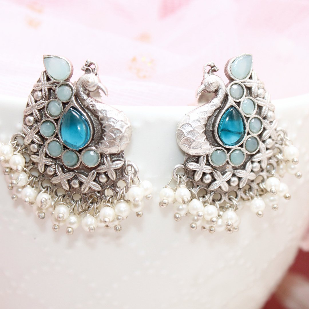 SILVER LOOK ALIKE PEACOCK STUDS - BLUE - EARRING