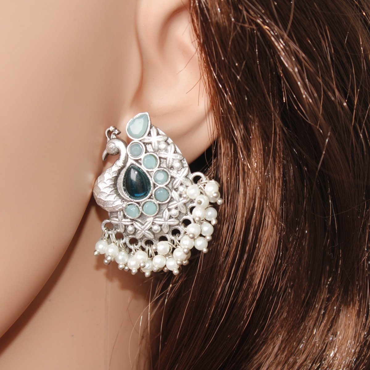 SILVER LOOK ALIKE PEACOCK STUDS - BLUE - EARRING