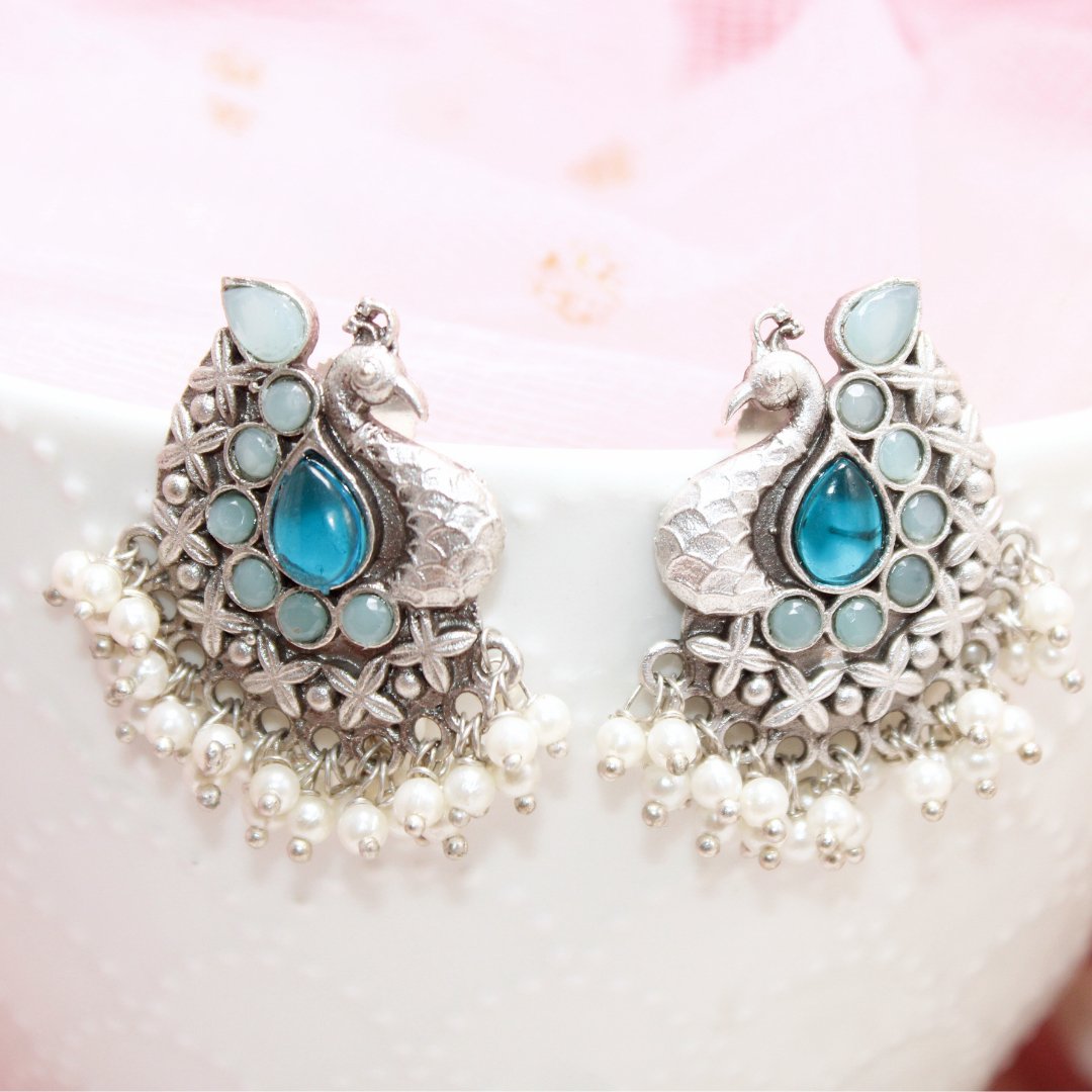 SILVER LOOK ALIKE PEACOCK STUDS - BLUE - EARRING