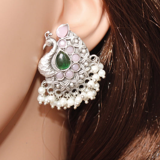 SILVER LOOK ALIKE PEACOCK STUDS - GREEN & PINK - EARRING