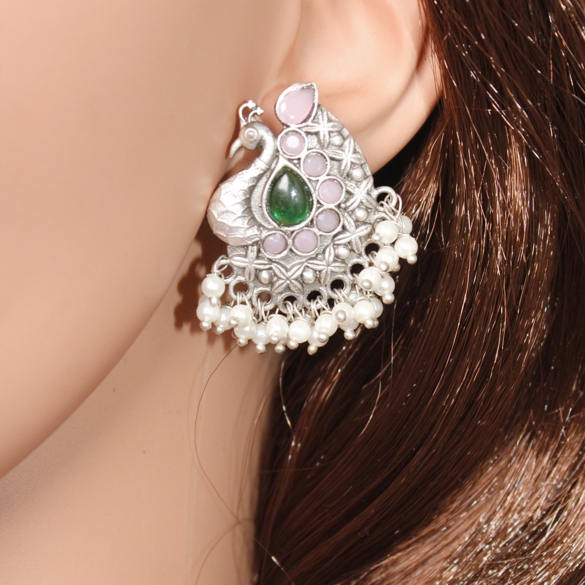 SILVER LOOK ALIKE PEACOCK STUDS - GREEN & PINK - EARRING