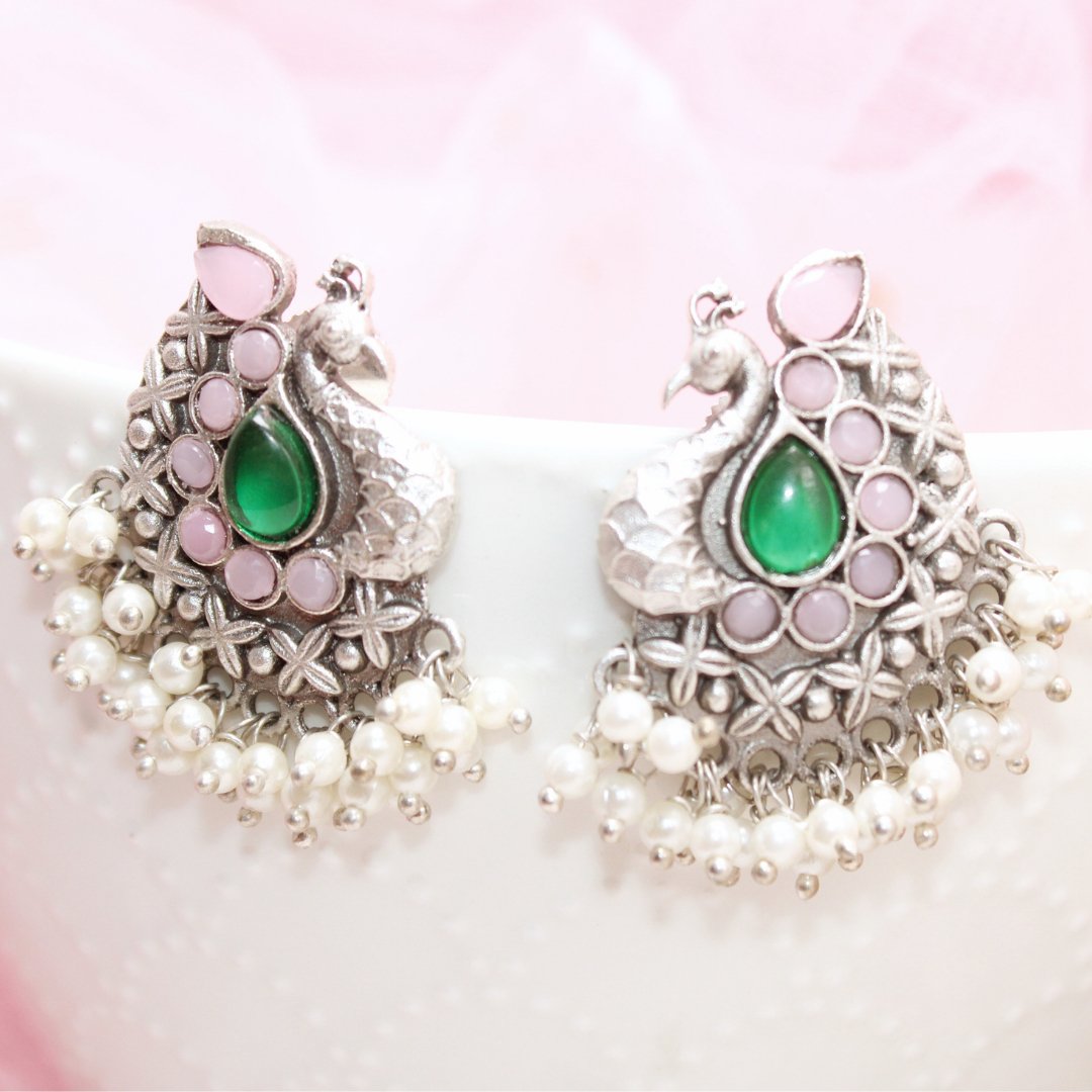 SILVER LOOK ALIKE PEACOCK STUDS - GREEN & PINK - EARRING