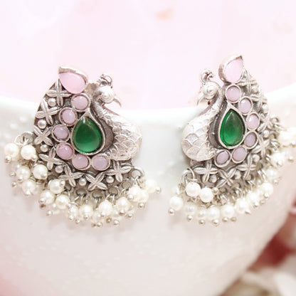 SILVER LOOK ALIKE PEACOCK STUDS - GREEN & PINK - EARRING