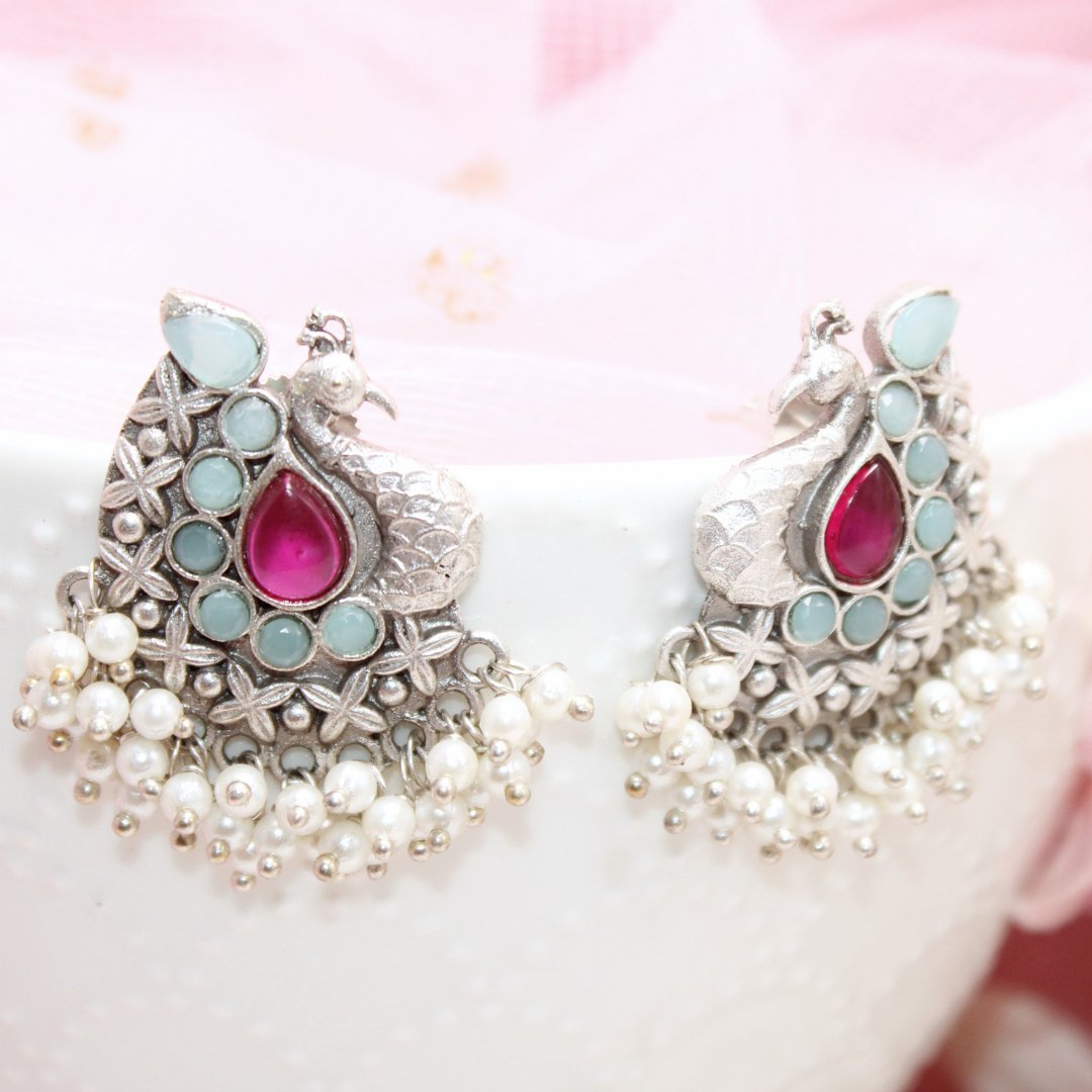 SILVER LOOK ALIKE PEACOCK STUDS - RED & BLUE - EARRING