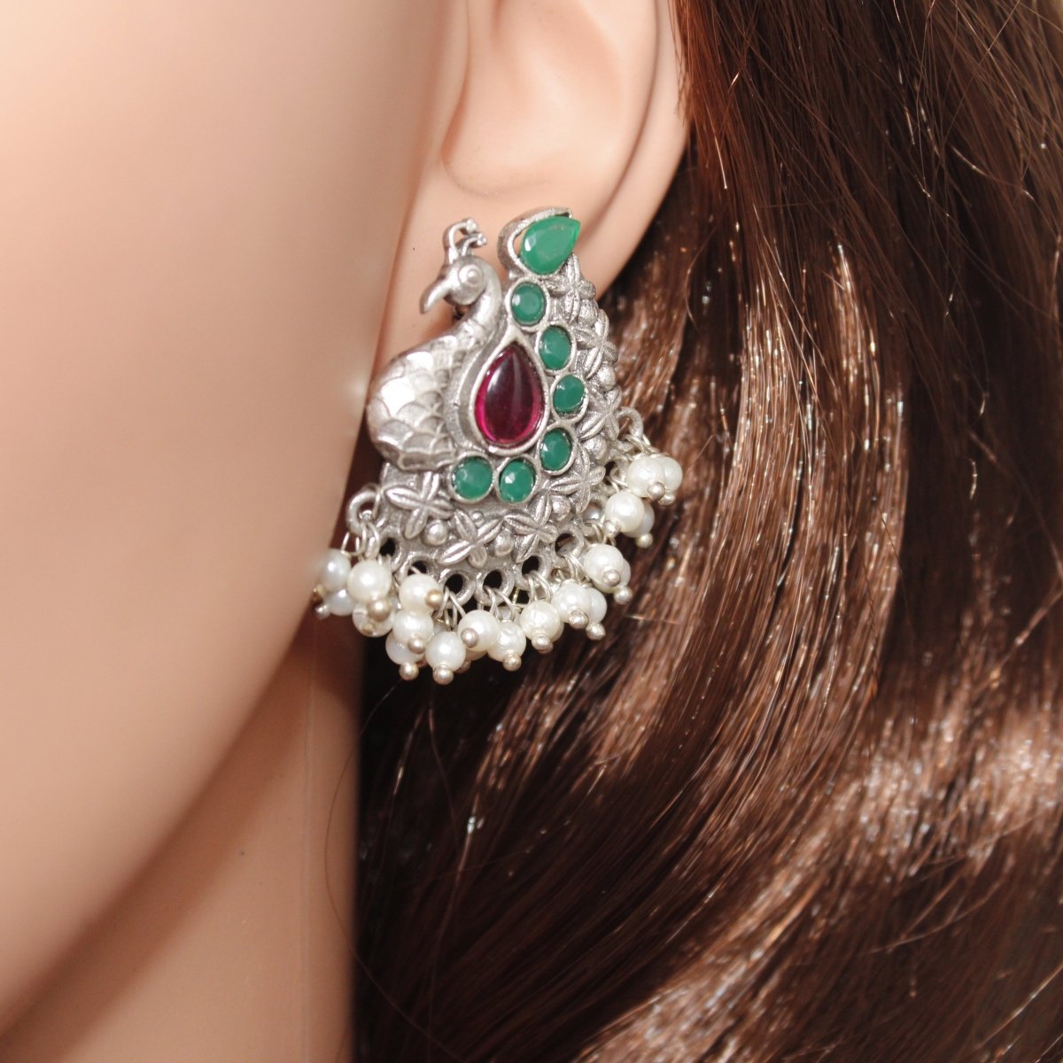 SILVER LOOK ALIKE PEACOCK STUDS - RED & GREEN - EARRING