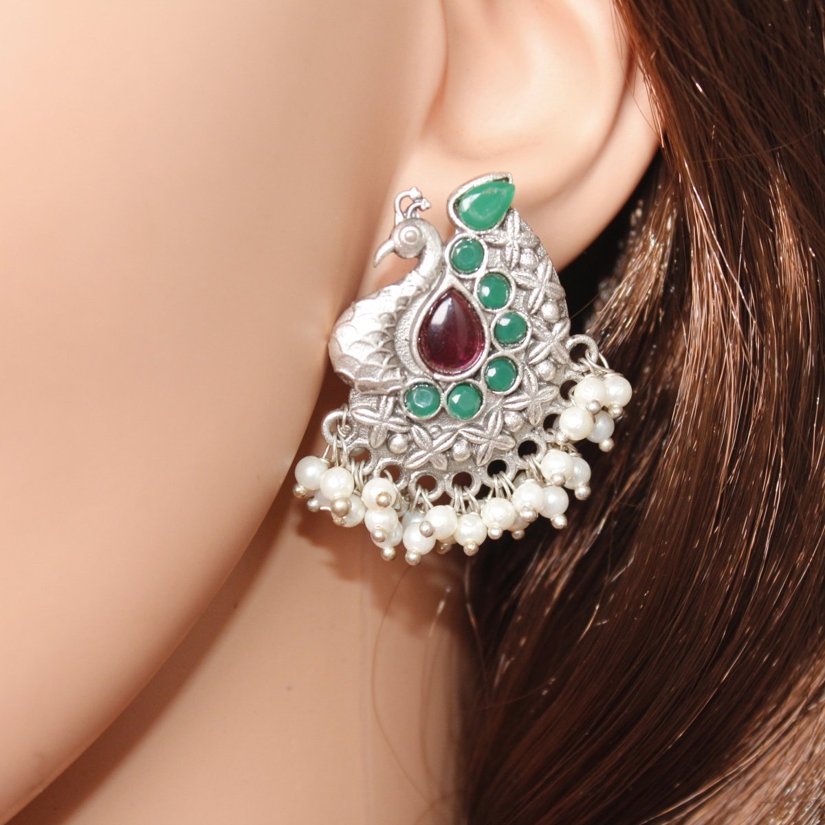 SILVER LOOK ALIKE PEACOCK STUDS - RED & GREEN - EARRING