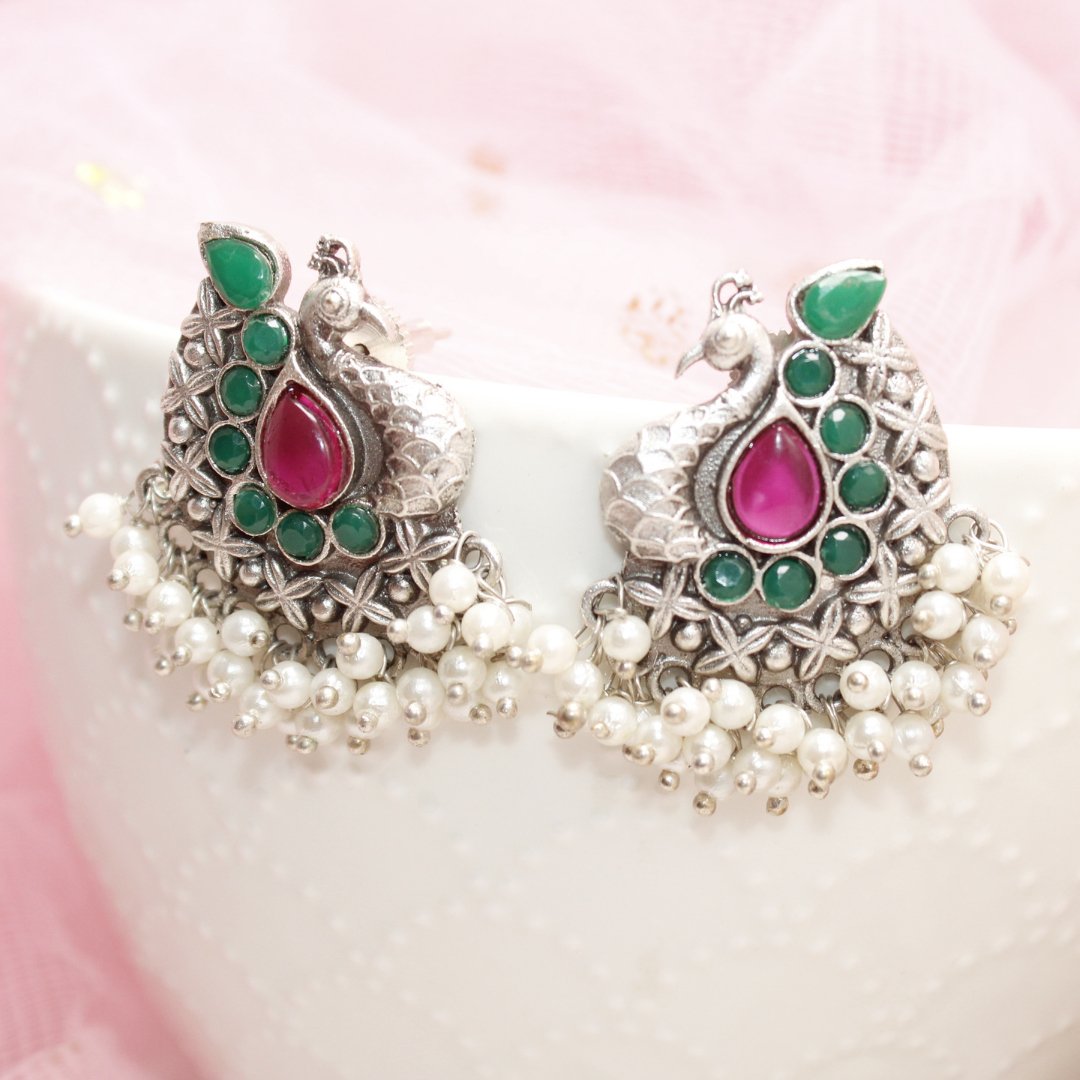 SILVER LOOK ALIKE PEACOCK STUDS - RED & GREEN - EARRING