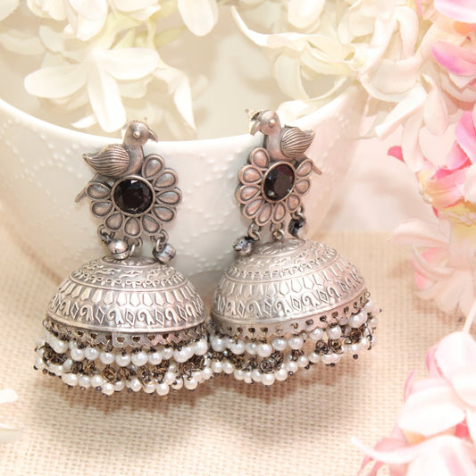 SILVER REPLICA BIRD WITH BIG JHUMKI EARRING- BLACK -EARRING