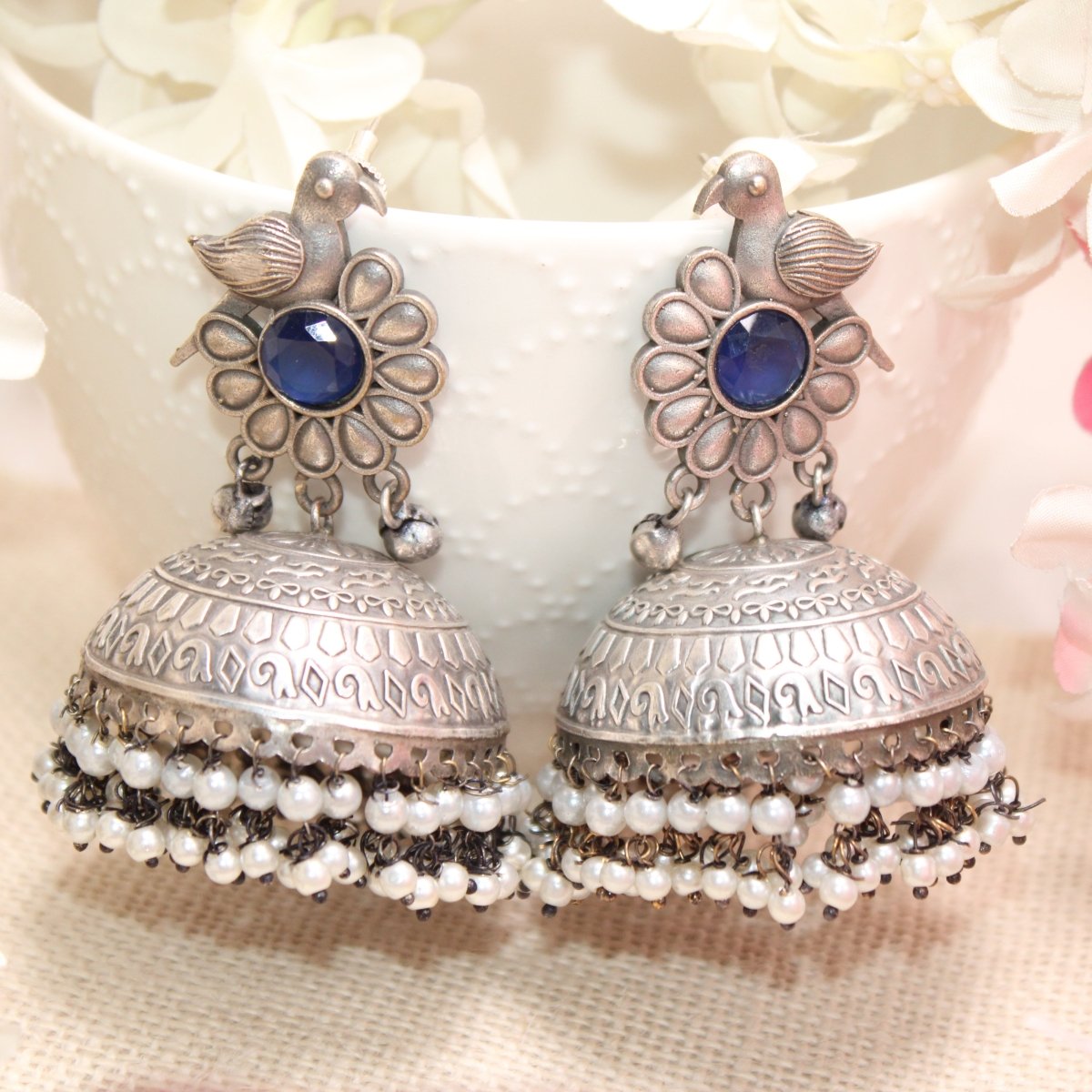 SILVER REPLICA BIRD WITH BIG JHUMKI EARRING- BLUE -EARRING