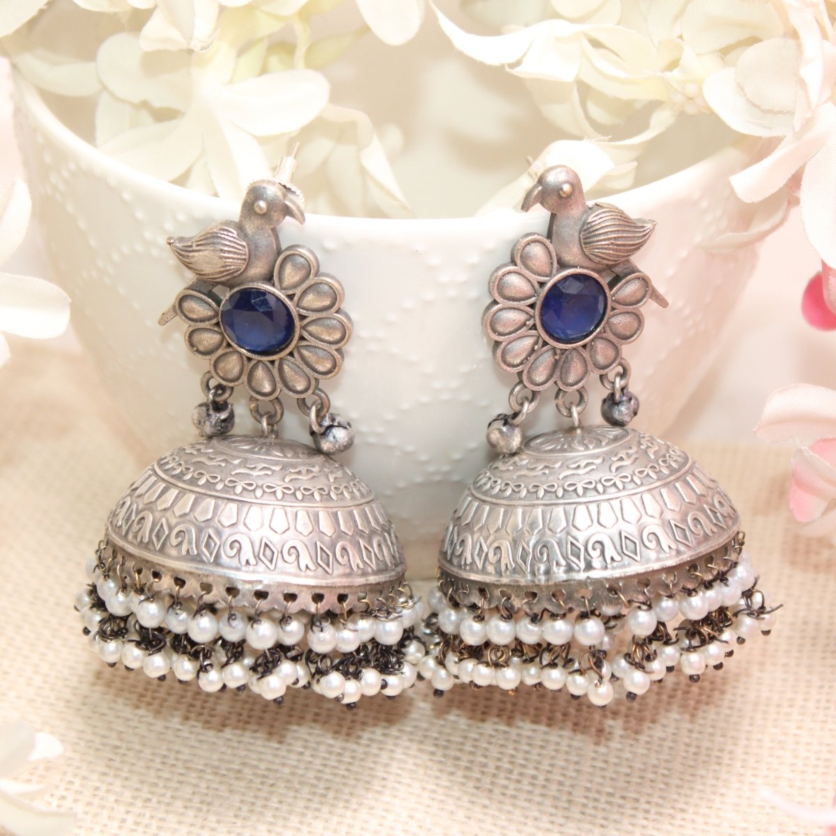 SILVER REPLICA BIRD WITH BIG JHUMKI EARRING- BLUE -EARRING