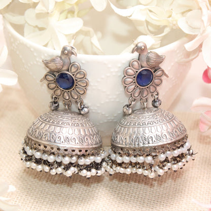 SILVER REPLICA BIRD WITH BIG JHUMKI EARRING- BLUE -EARRING