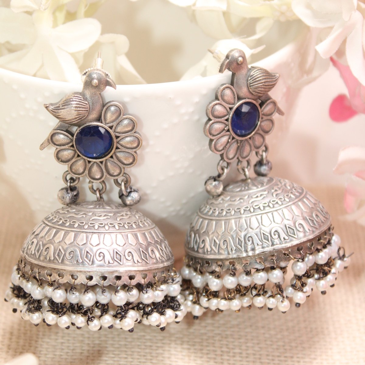 SILVER REPLICA BIRD WITH BIG JHUMKI EARRING- BLUE -EARRING