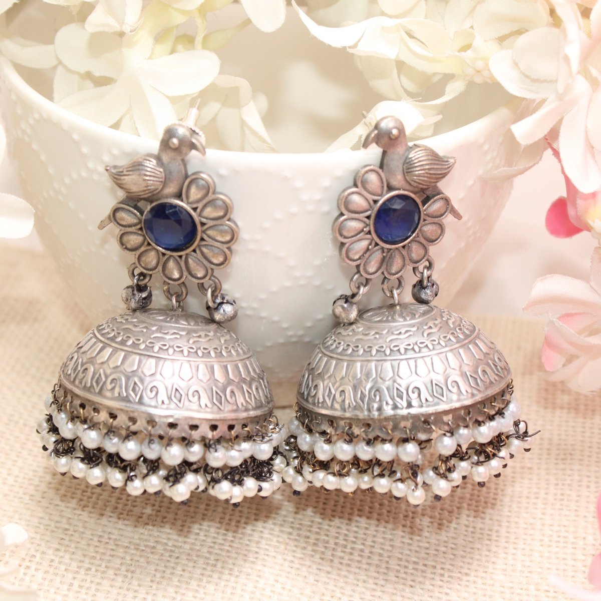 SILVER REPLICA BIRD WITH BIG JHUMKI EARRING- BLUE -EARRING