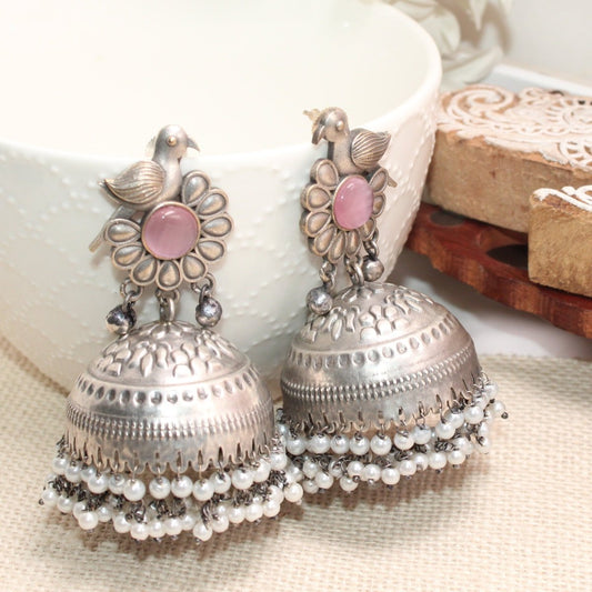 SILVER REPLICA BIRD WITH BIG JHUMKI EARRING- PINK -EARRING