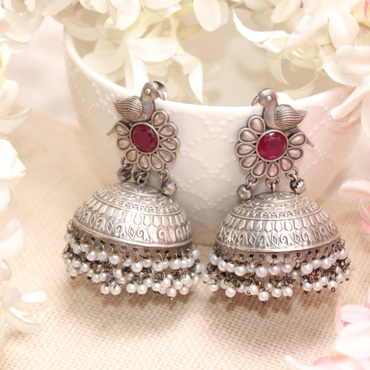 SILVER REPLICA BIRD WITH BIG JHUMKI EARRING- RED -EARRING