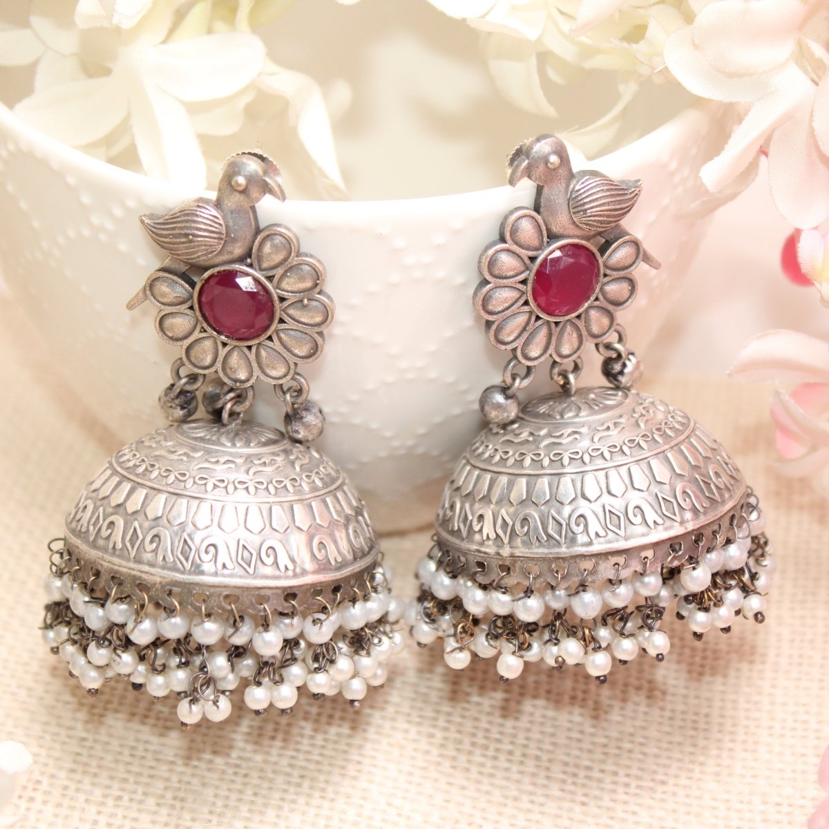 SILVER REPLICA BIRD WITH BIG JHUMKI EARRING- RED -EARRING